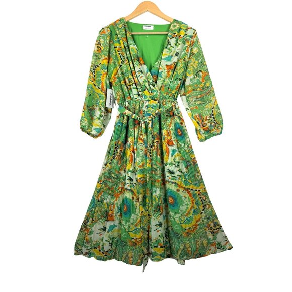 kindred Dresses & Skirts - Kindred boho pleated artsy vibrant midi fit flare dress wrap sz L